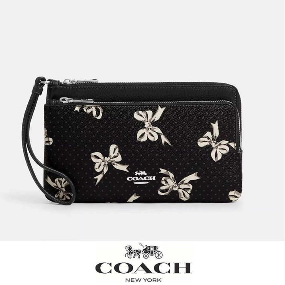 NWT Coach Black Double Zip Wallet with Bow Print Design