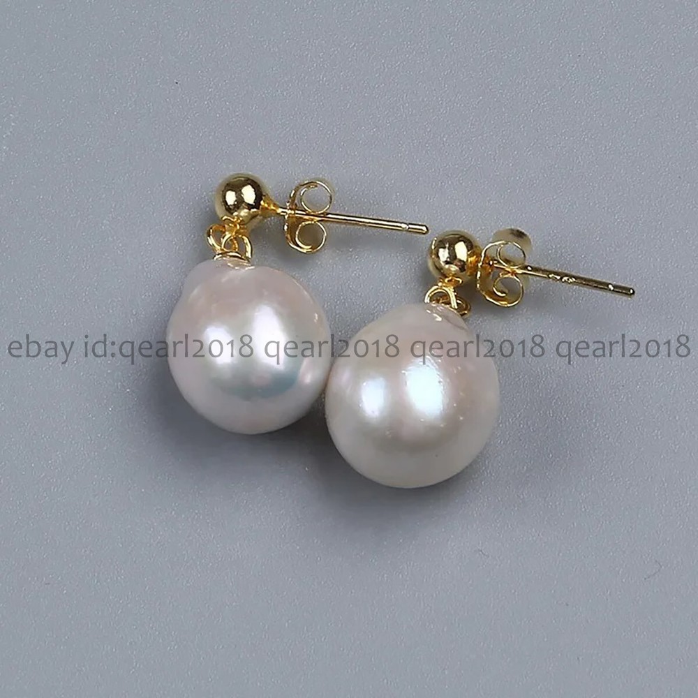 11-12mm Genuine Natural White Freshwater Baroque Pearl Dangle Gold Stud Earrings