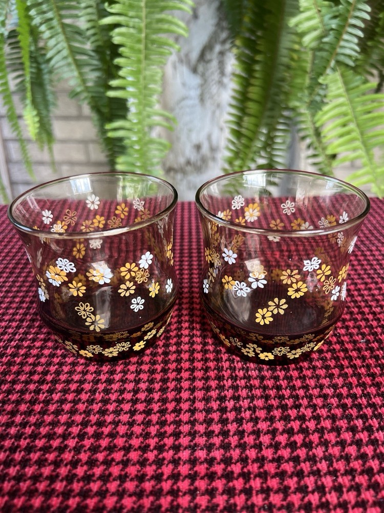 Libbey Strawflowers Tawny Brown White Gold 8oz Glasses Set of 2