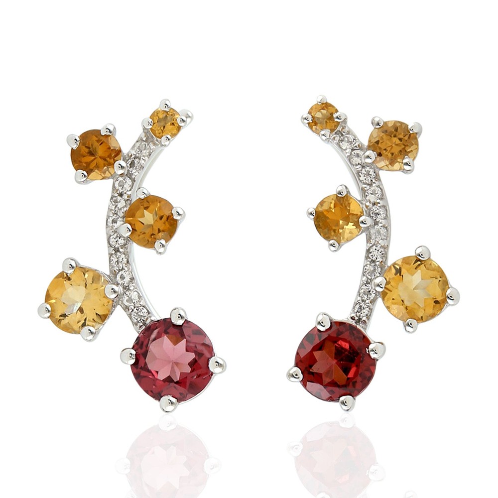 Round Citrine Red Garnet Ear Climbers in 925 Silver Fashion Jewelry