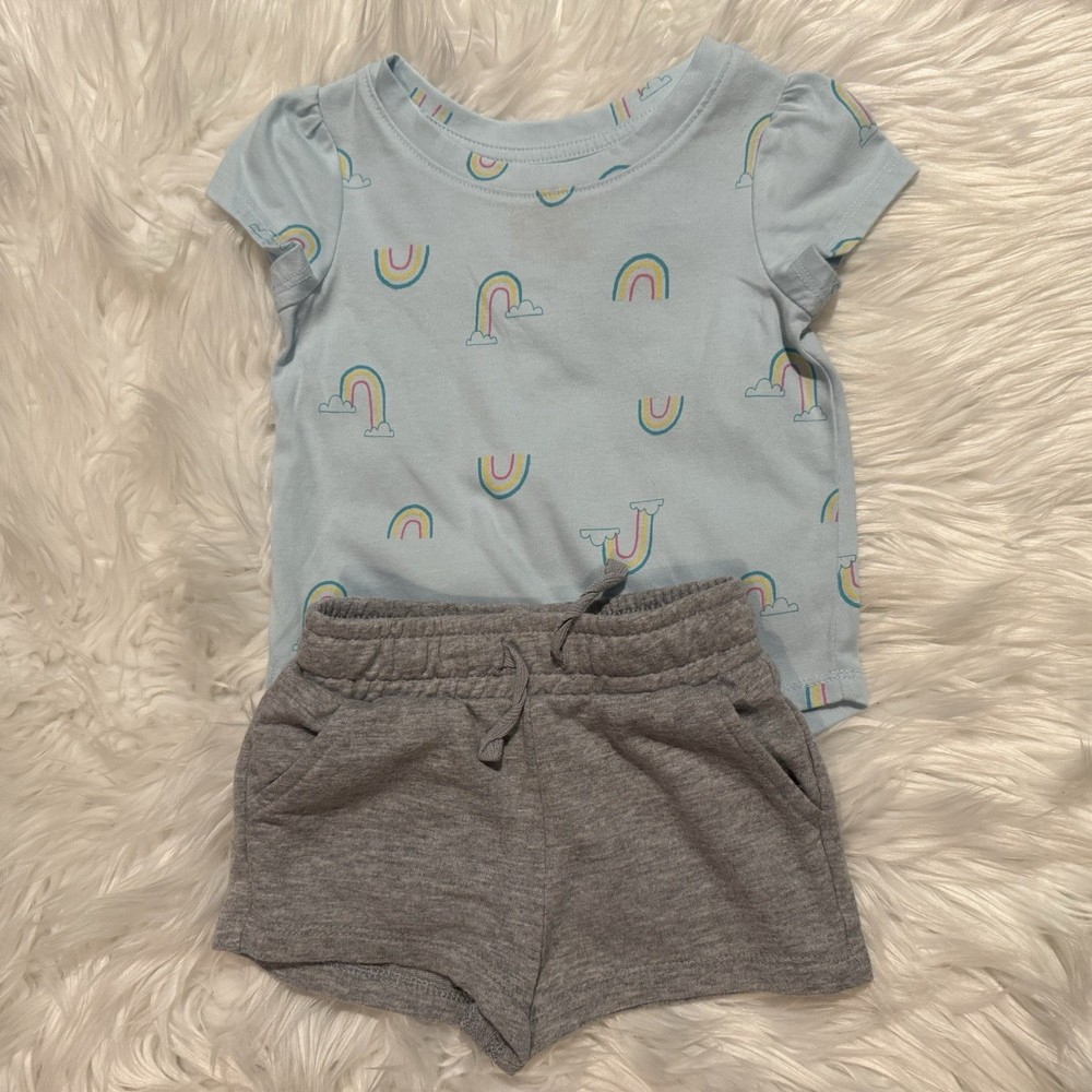 Cat & Jack Toddler Girl 2 Piece Rainbow Graphic Tee Shorts Set Size 18 Months