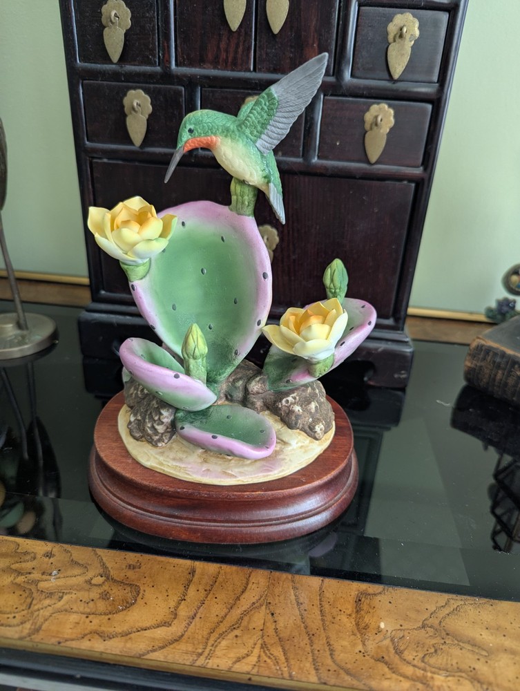 Bisque Porcelain Hummingbird & Cactus Figurine #6563 by Andrea By Sadek Pristine