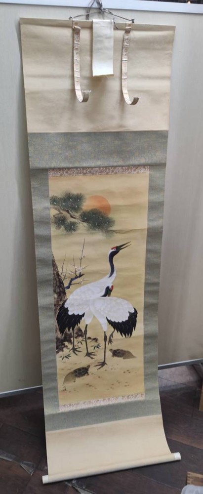 G27437 Old Katsura Pine, Bamboo, Plum, Crane, Turtle, Hanging Scroll, Art, Antiq