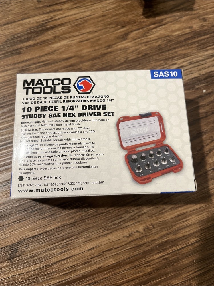 Matco SAS10 10-Piece 1/4 Drive Stubby Hex Driver Set Brand New