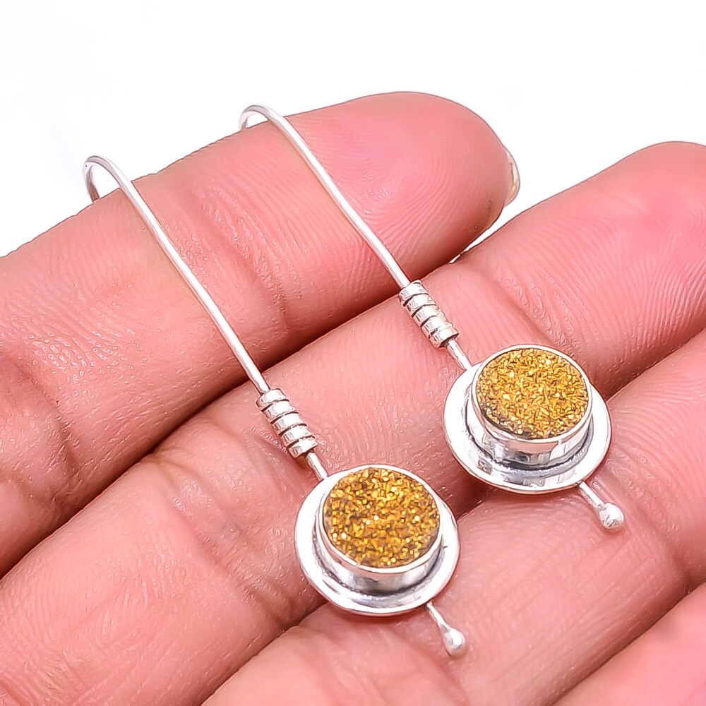 Gold Titanium Agate Drusy 925 Sterling Silver Earring 1.95