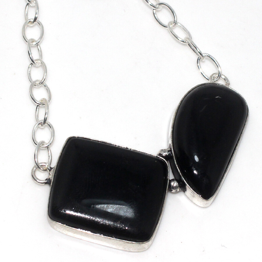 925 Silver Plated Black Onyx Ethnic Necklace Handmade Jewelry Size 16