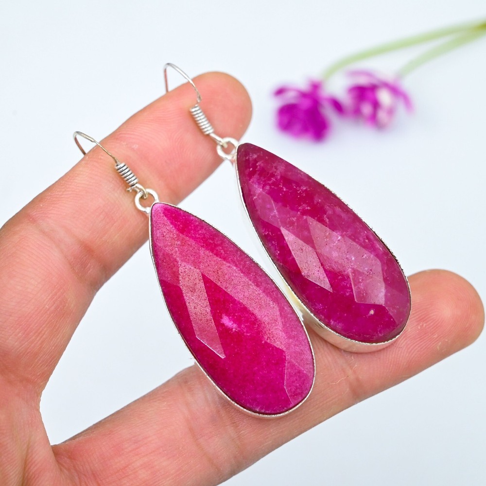Kashmiri Ruby Sterling Silver Hook Earrings Handmade Jewelry Gift