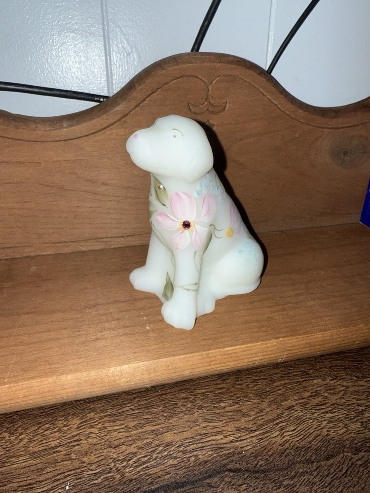 Fenton Dog Labrador Hand Painted Flowers Gem Signed By D. Caplinger