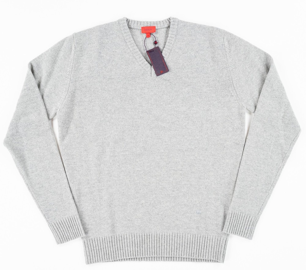ISAIA Heather Gray V-Neck Sweater Pique Knit Wool Cashmere Slim Fit Pullover M