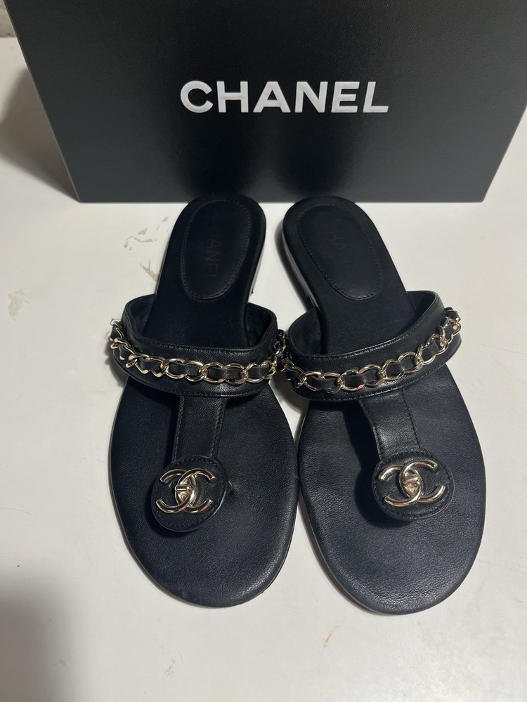 Chanel CC Lock Chainlink Sandals Black Lambskin With Box 39