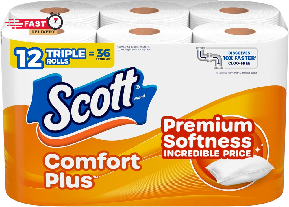 Scott Comfortplus Toilet Paper, 12 Double Rolls, 231 Sheets per Roll, Septic-Saf