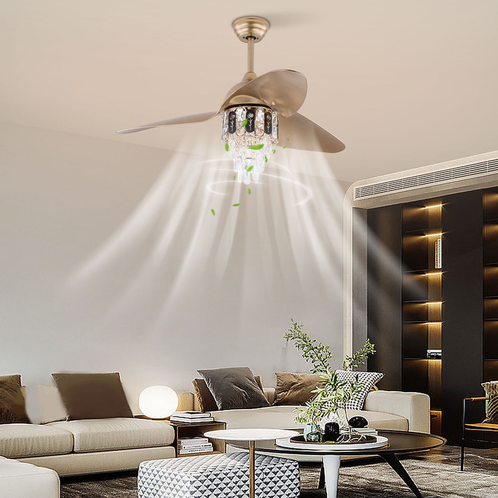 48'' Gold Crystal 6-Speed Chandelier Fan with 3-Color LED and Timing Remote