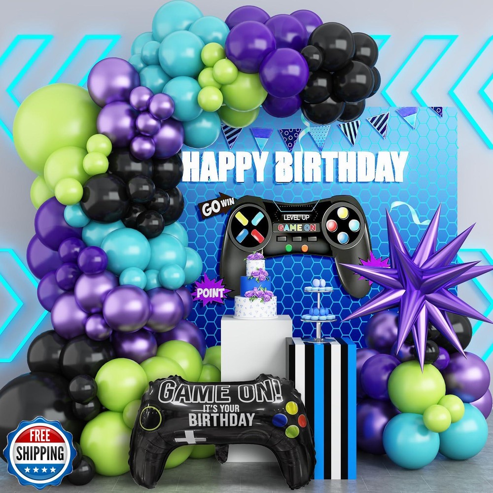 Colorful Foil Video Game Balloon Arch Kit in Teal Blue Purple Green Black