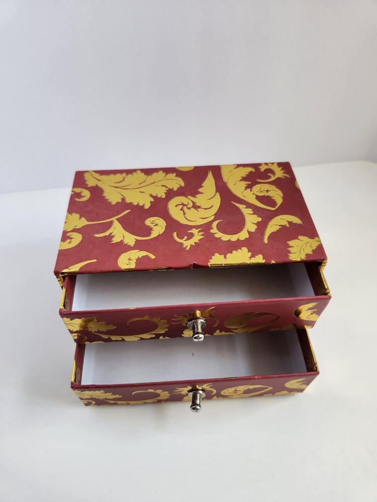 Small 2 Drawer Trinket Jewelry Box Decorative Cardboard Gold-Tone Leaves