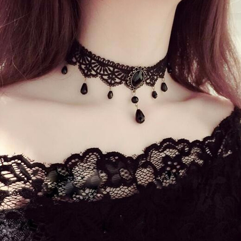 New Sexy Gothic Chokers Crystal Black Lace Necklace Vintage Victorian Jewe*a5