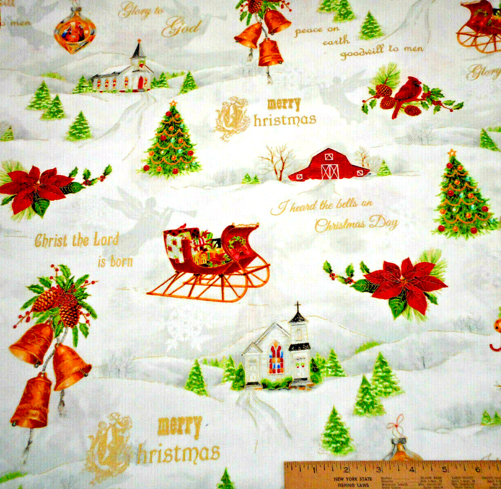 Christmas Fabric 1/2 Yard Church Scene Religious Christian White Cotton #24 C