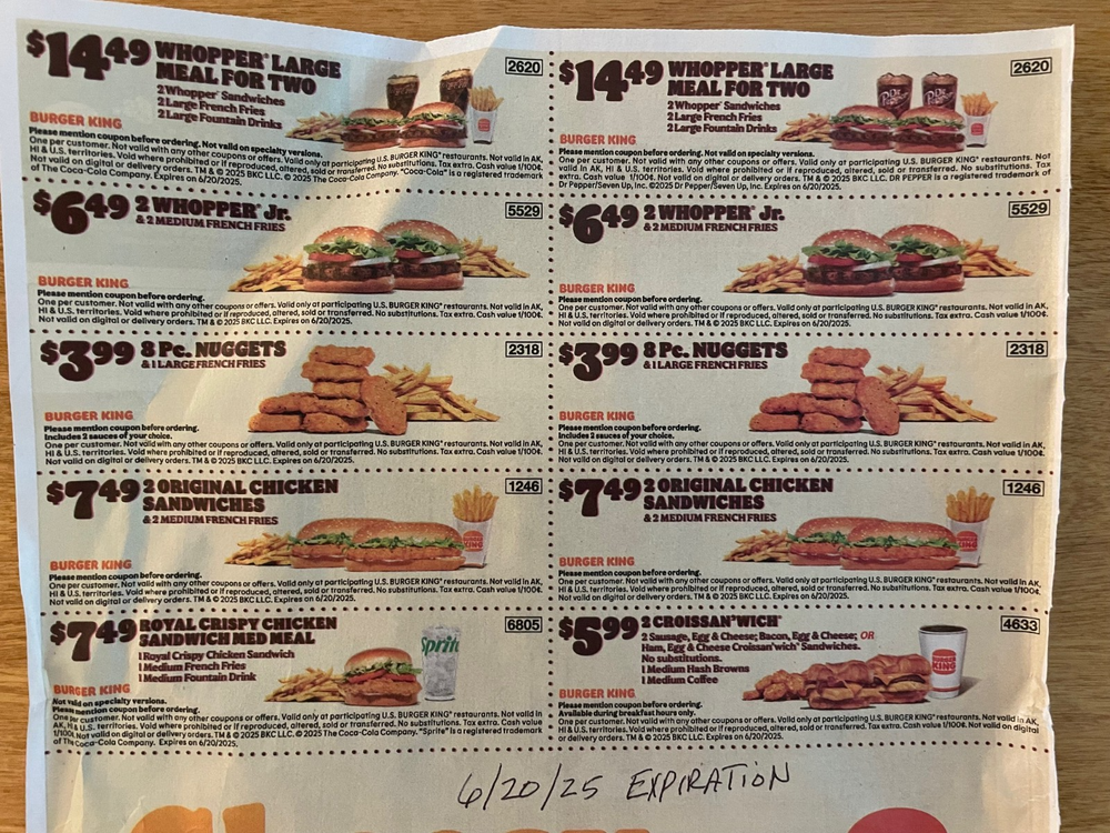 Burger King fast food coupon sheets valid until June 20 2025-image