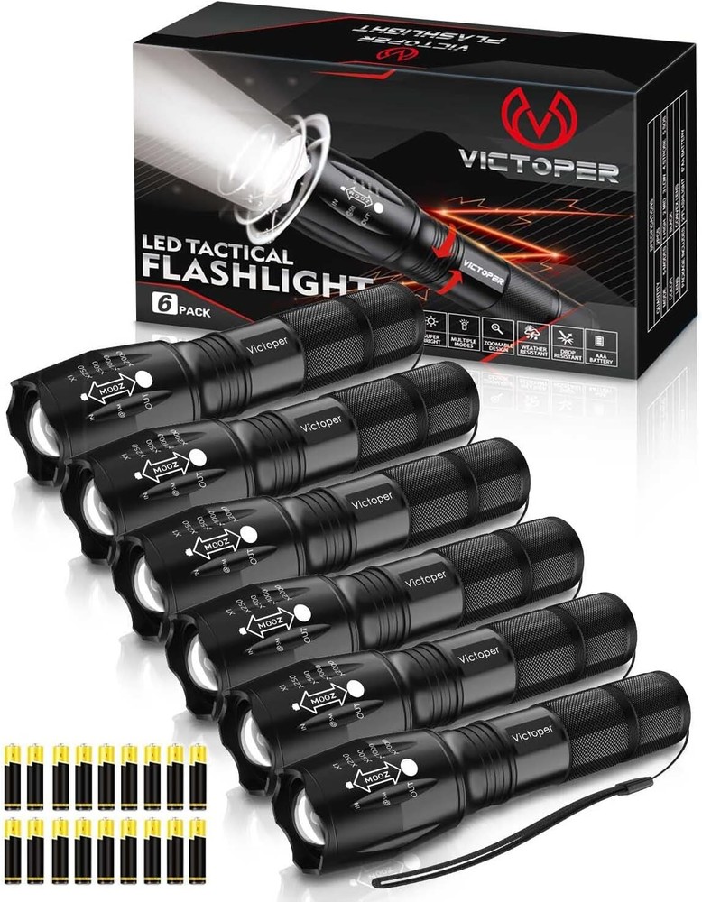 Portable LED Flashlights 6 Pack - 2000 Lumens, Multi-Mode, Batteries Included
