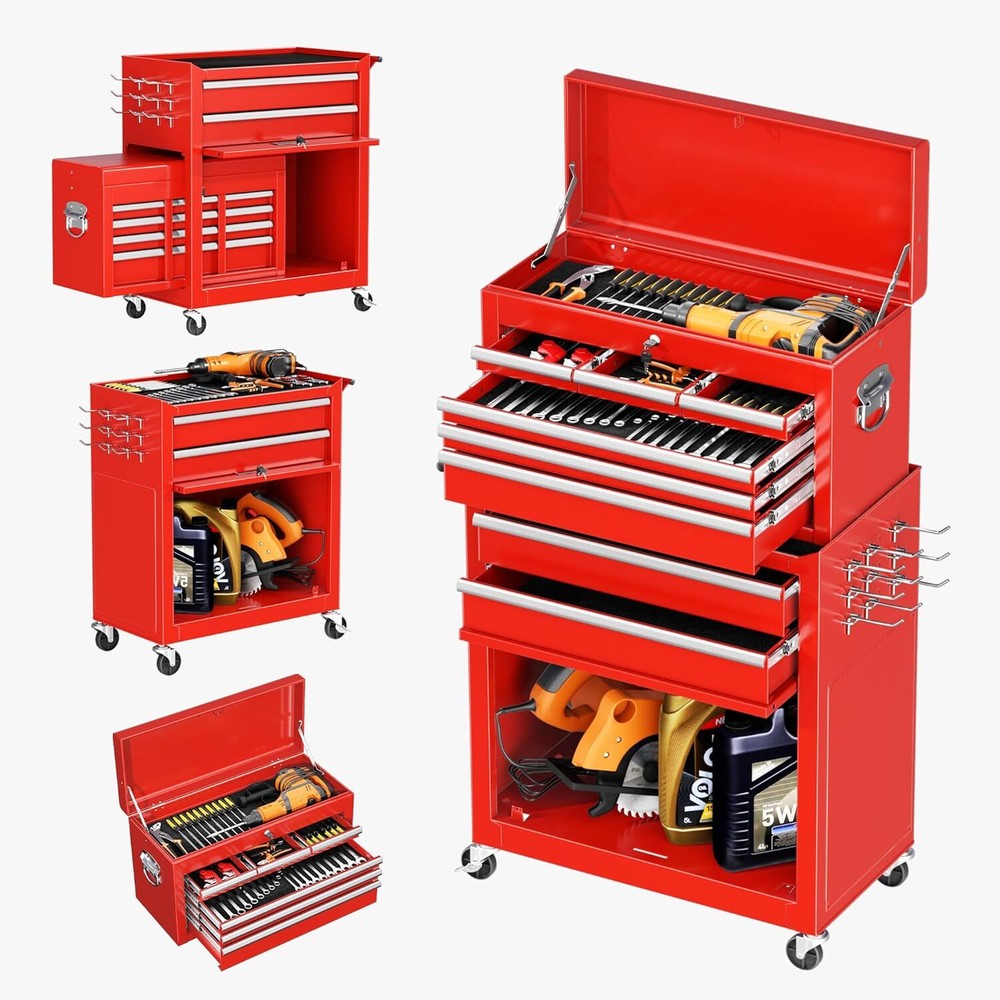INTERGREAT 8-Drawer Tool Chest with Wheels and Detachable Red Metal Top