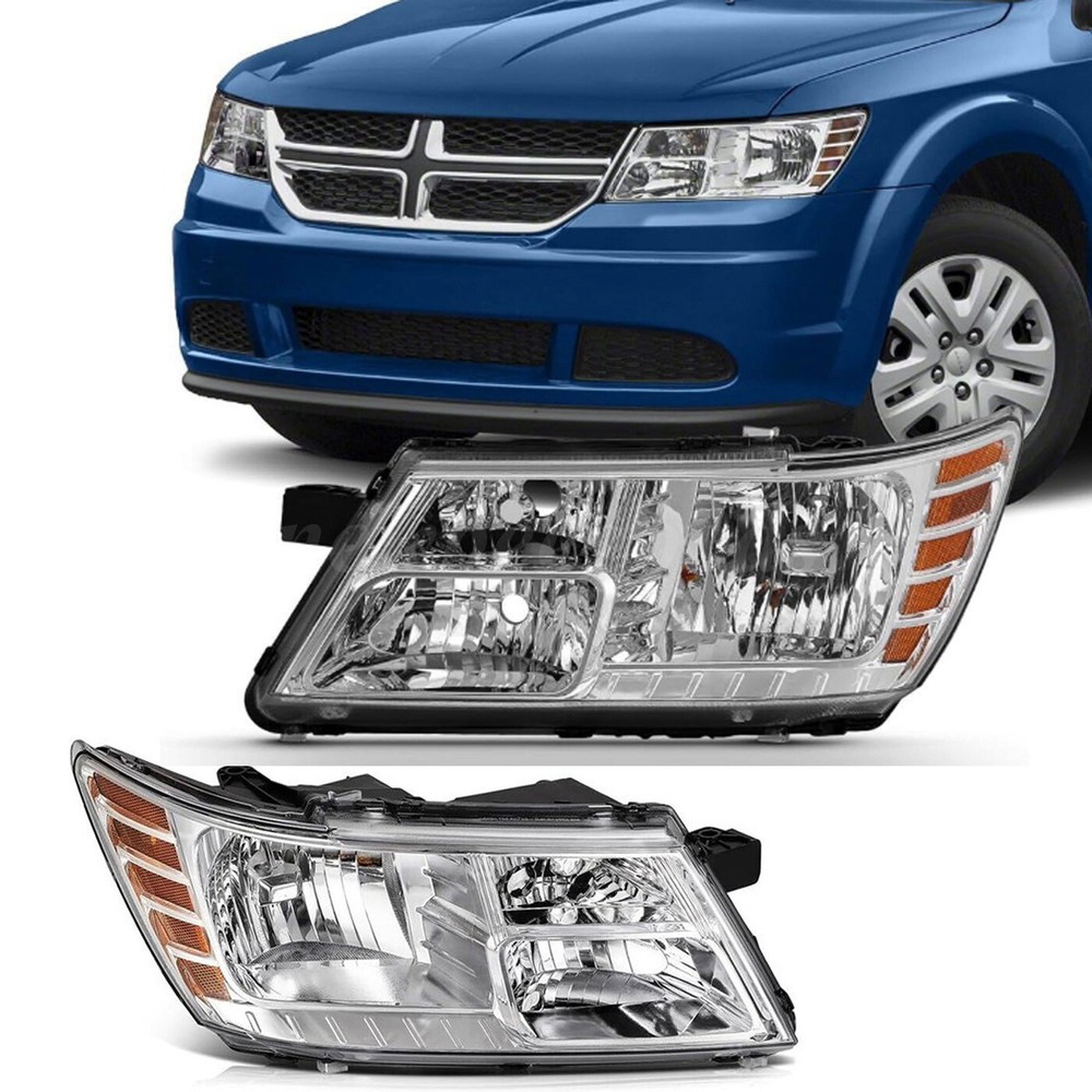 For 2009-2018 Dodge Journey Chrome Halogen Housing Headlight Assembly Left+Right