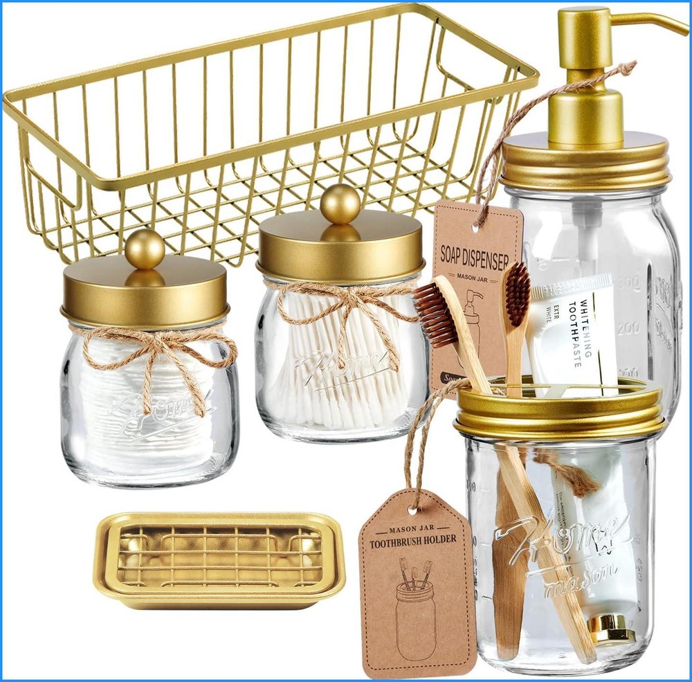 6PCS Premium Mason Jar Bathroom Accessories Set Lotion Soap Dispenser Kitchen