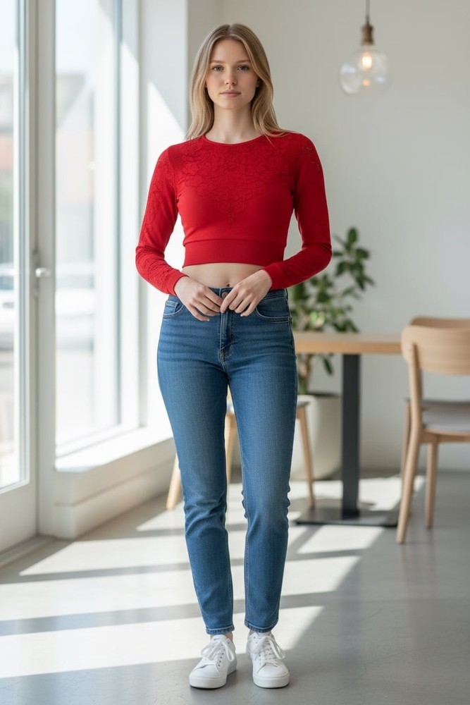 Fabletics Flora Seamless Long Sleeve Red Performance Crop Top