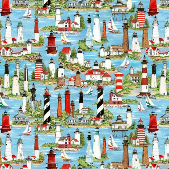 Nautical Fabric | Lights of Hope Lighthouse Scene Blue | Elizabeth's Studio YARD