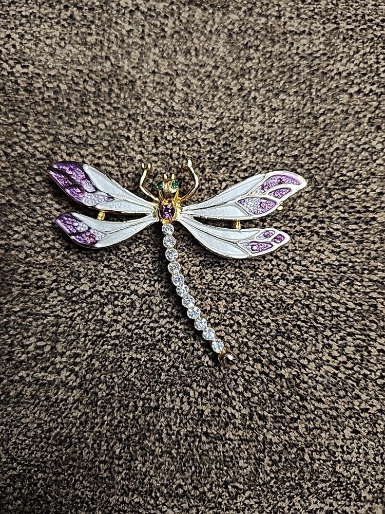 Vintage Green Eyed Purple And White Dragonfly Gold Tone Brooch #228