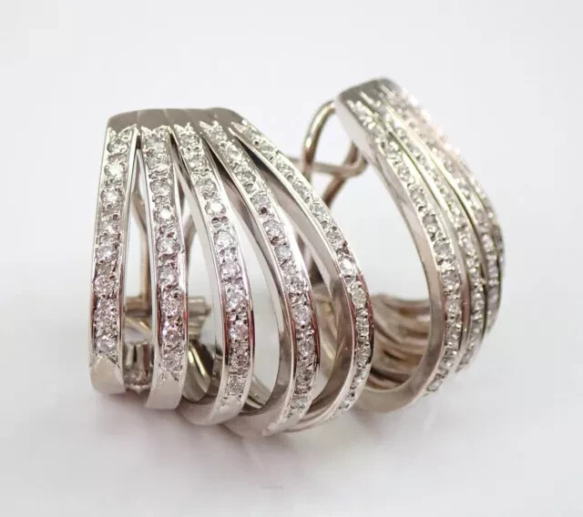 1.10Ct Round Cut Real Moissanite Multi Hoop Cuff Earrings 14K White Gold Plated