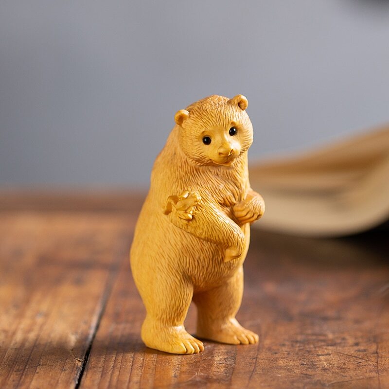 Chinese Boxwood Lucky Polar Bear Sculpture 3.5 Inch Wooden Statue