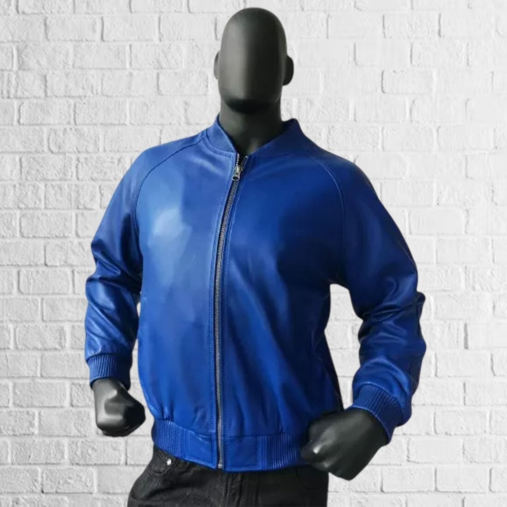 Men's Genuine Blue Lambskin Bomber Leather Jacket Slim fit Moto Biker jacket