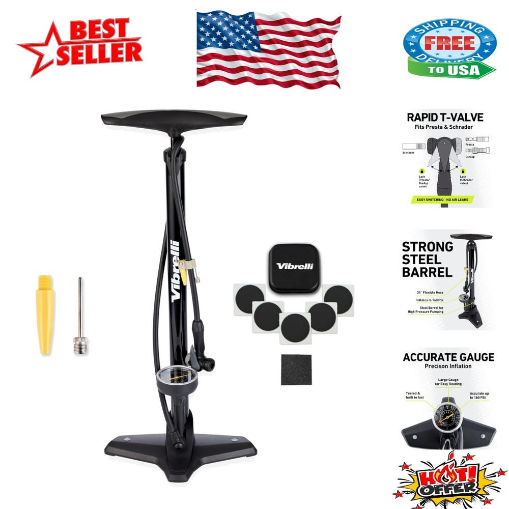 Reliable Bike Floor Pump with Gauge - Inflates to 160 PSI, Includes Puncture Kit
