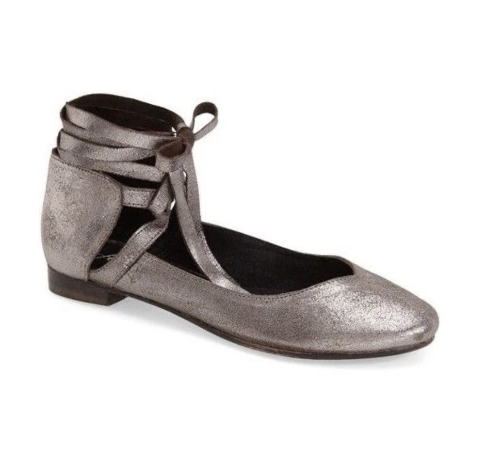 Free People Atlas Metallic Leather Lace Up Ballet Flats Mary Jane Size 41
