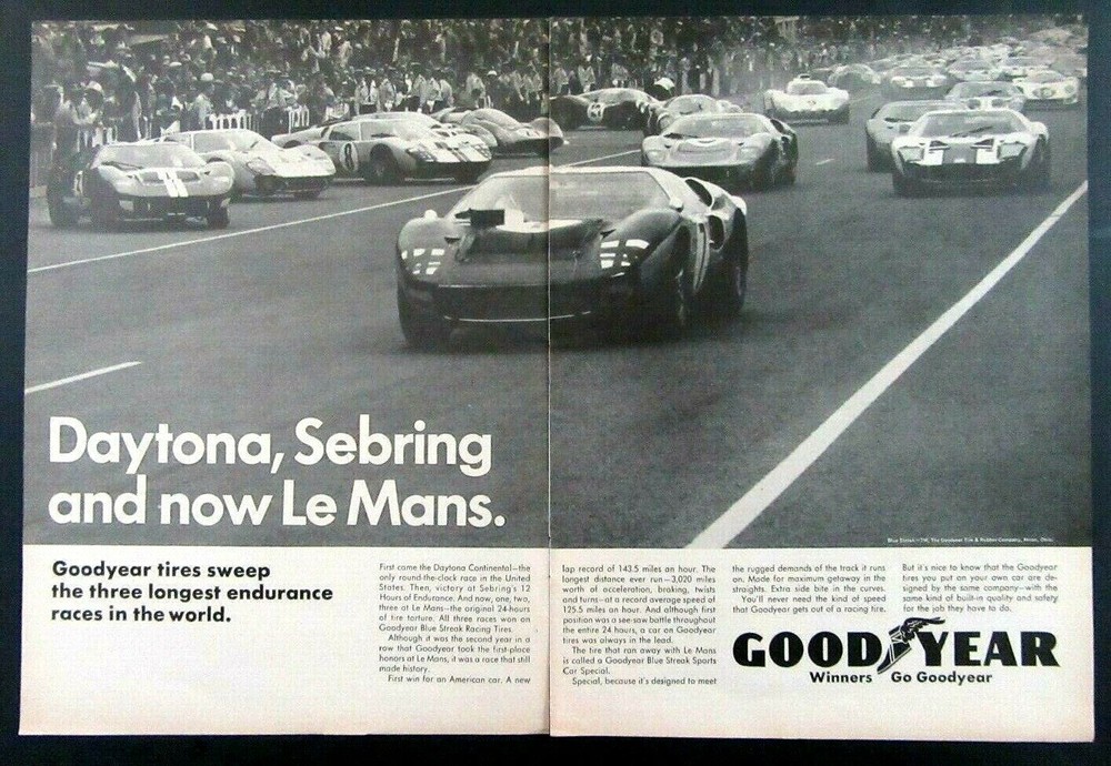 1966 GOODYEAR TIRES Daytona, Sebring & Now LeMans 2 Page Magazine Ad