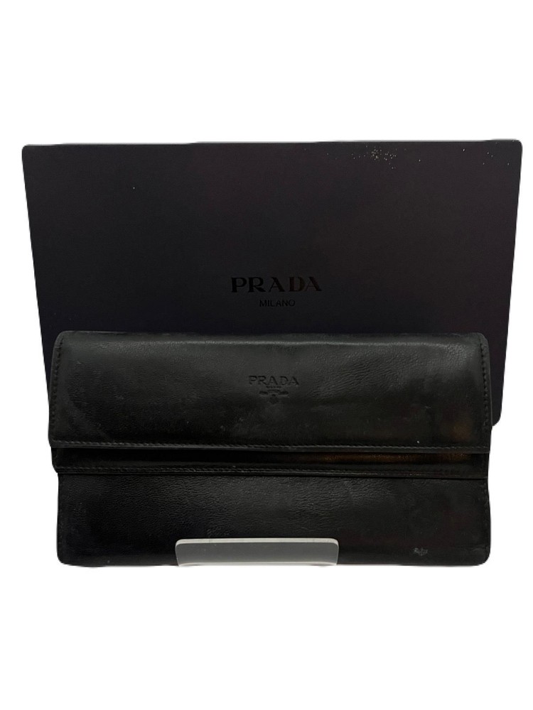 PRADA Black Leather Long Wallet Preowned E0828-9