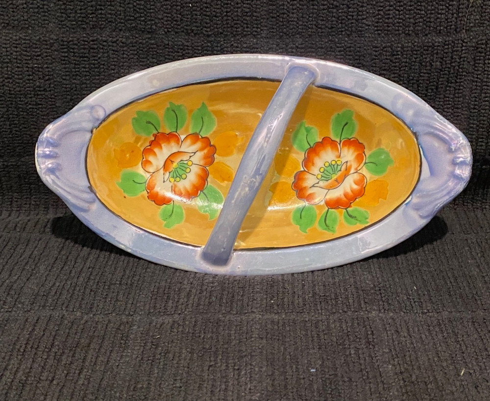 Vintage Hand Painted Relish Dish Trinket Bowl Japan Floral Iridescent Blue Trim