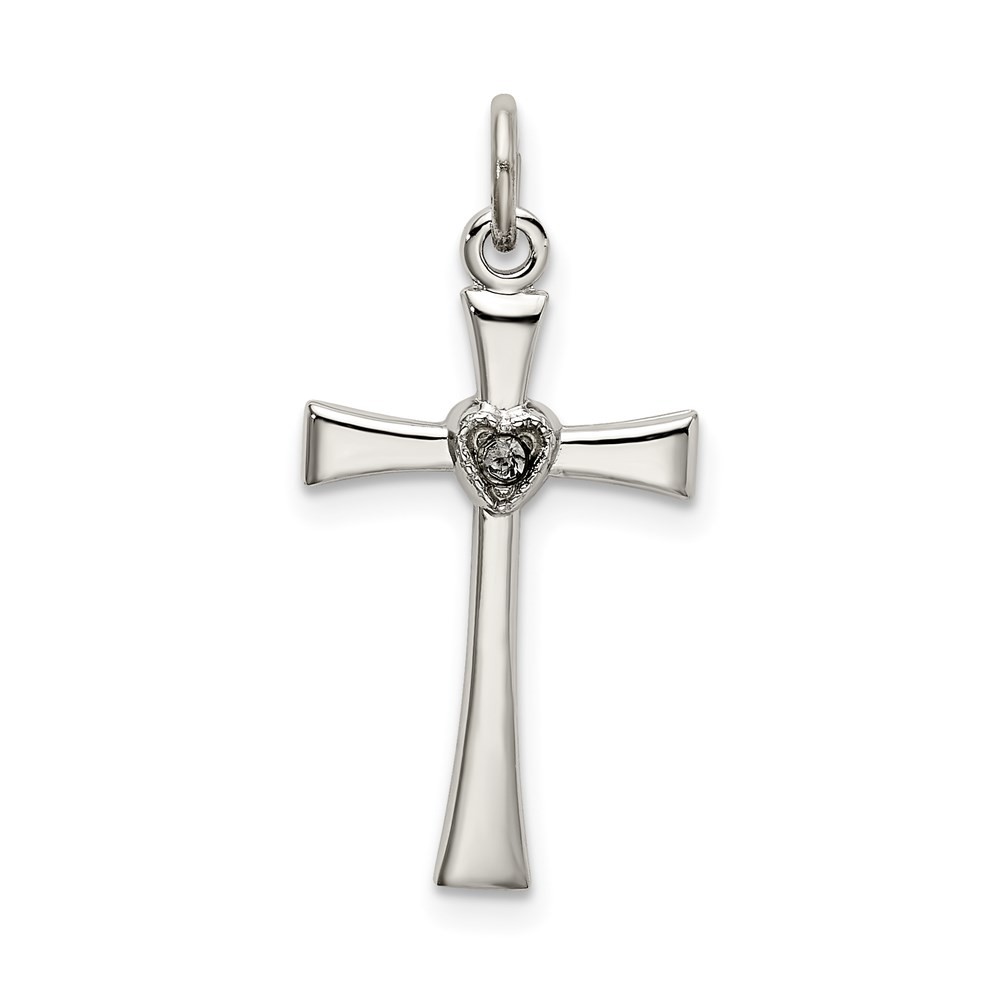 Sterling Silver Polished Cubic Zirconia Heart Cross Pendant 0.59gm L-23 mm