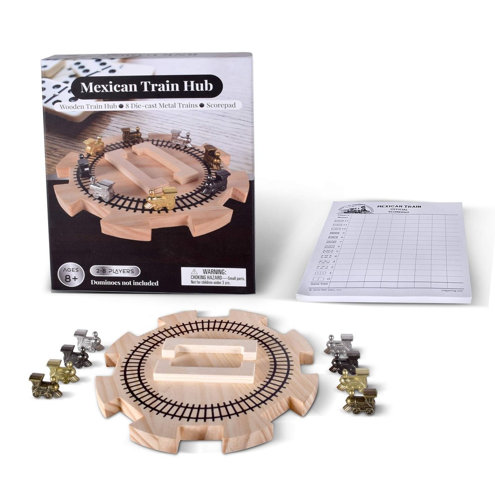 Wooden Mexican Train Hub Set with 8 Metal Trains and Score Pad  
