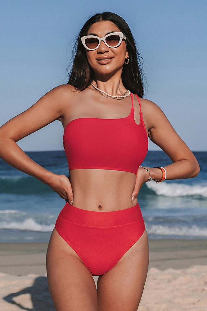 Cupshe Assymetric Cutout Bikini Bralette and High Rise Bottoms Set - Large