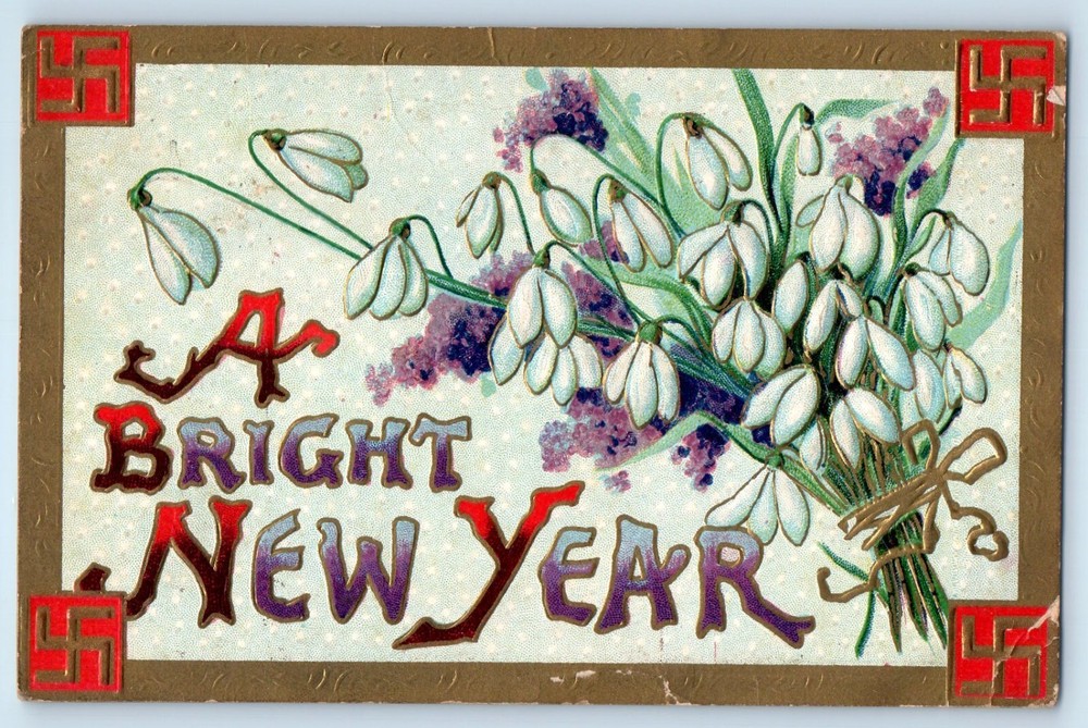 1911 New Year Flowers Good Luck Swastika Embossed Winsch Back Antique Postcard-image