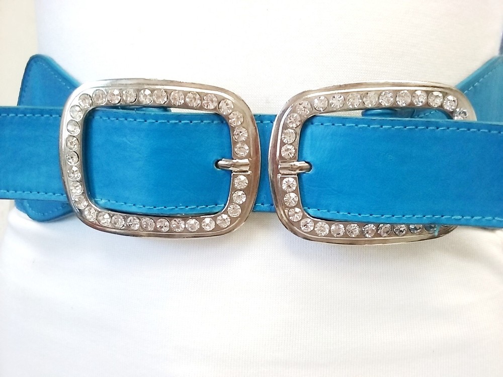 Women Fashion 2 Rhinestones Buckle Elastic Waist Blue Belt Size S M L