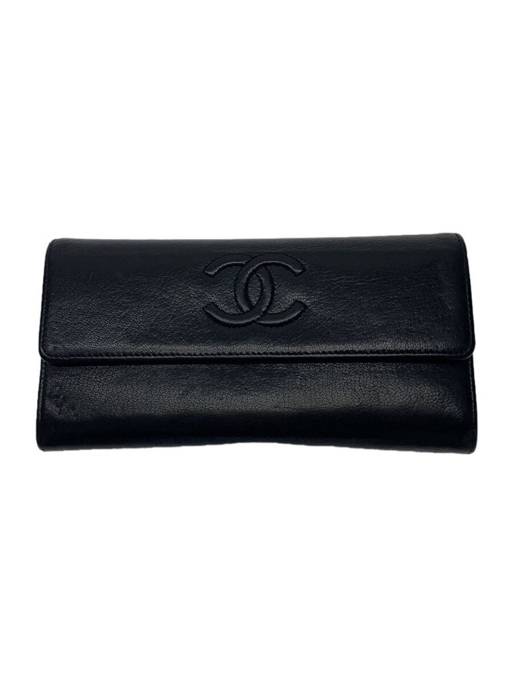 CHANEL Long Flap Wallet Coco Mark CC Black Leather F/S Pre-Loved