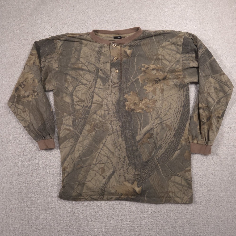 Vintage Ace Sportswear Shirt Mens XL Brown Realtree Camo Henley Long Sleeve USA