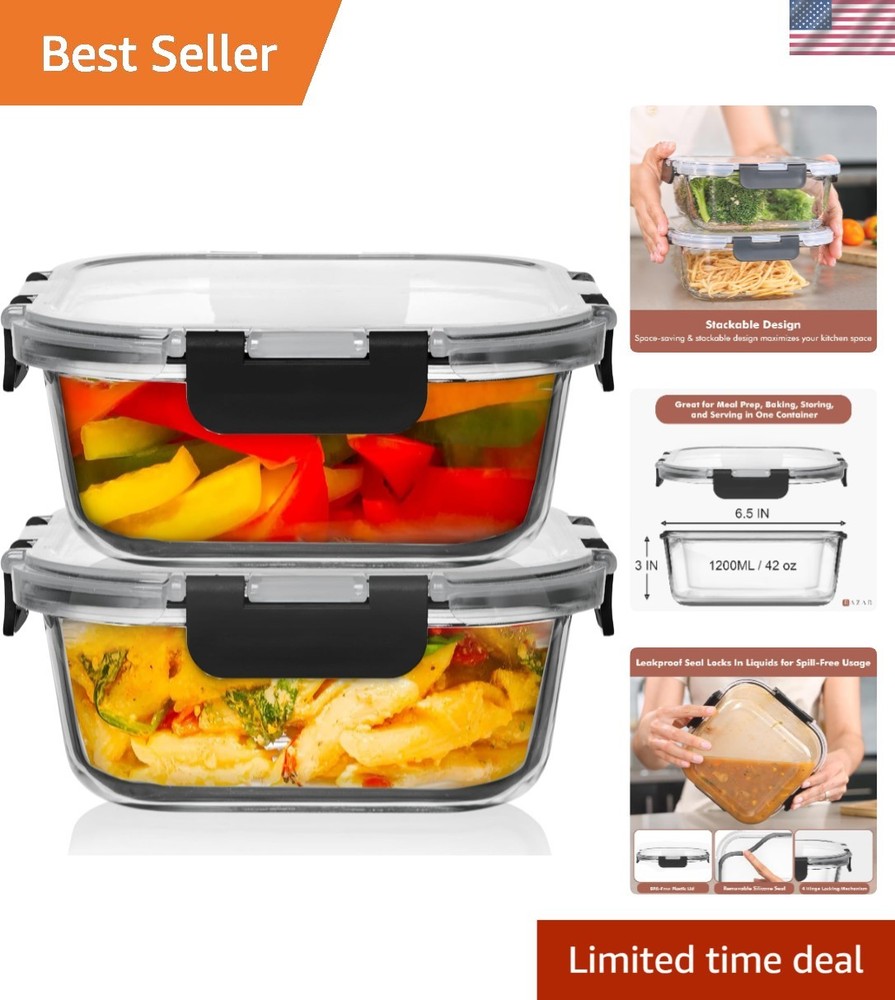 2 Pack 1200ML BPA Free Glass Food Storage Containers - Airtight & Leakproof Lids