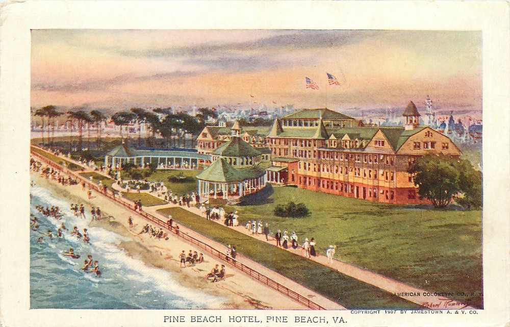 1907 Jamestown Pine Beach Virginia Pine Beach Hotel people Postcard 25-6216