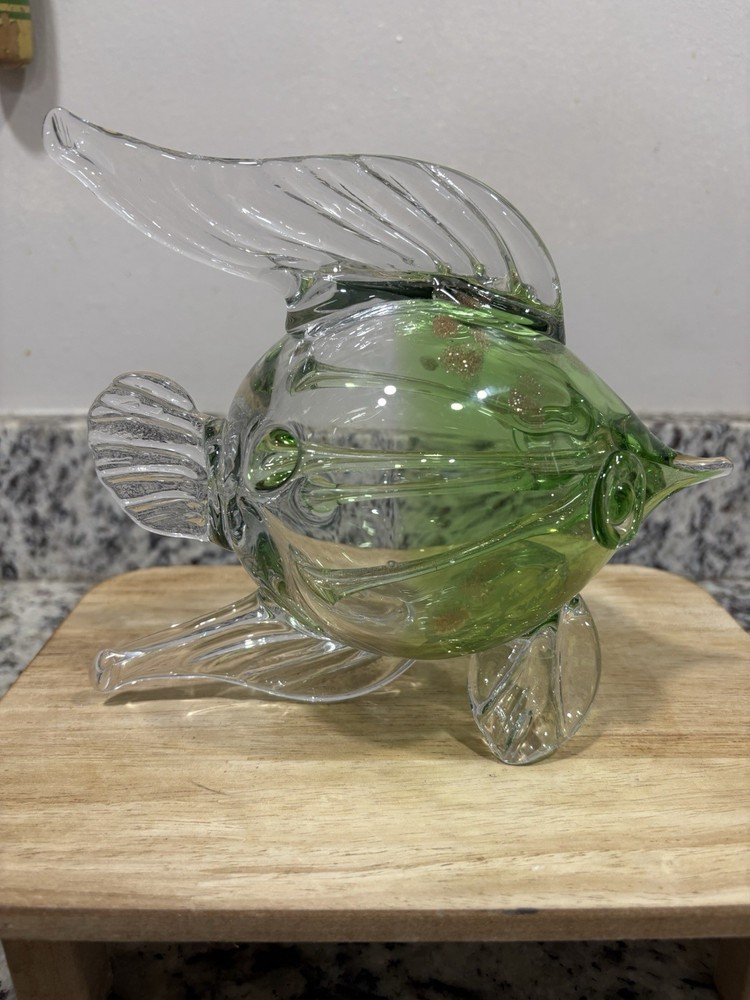 Hand Blown Glass Fish Sculpture MCM - Green/Copper Accents -High Quality Glass