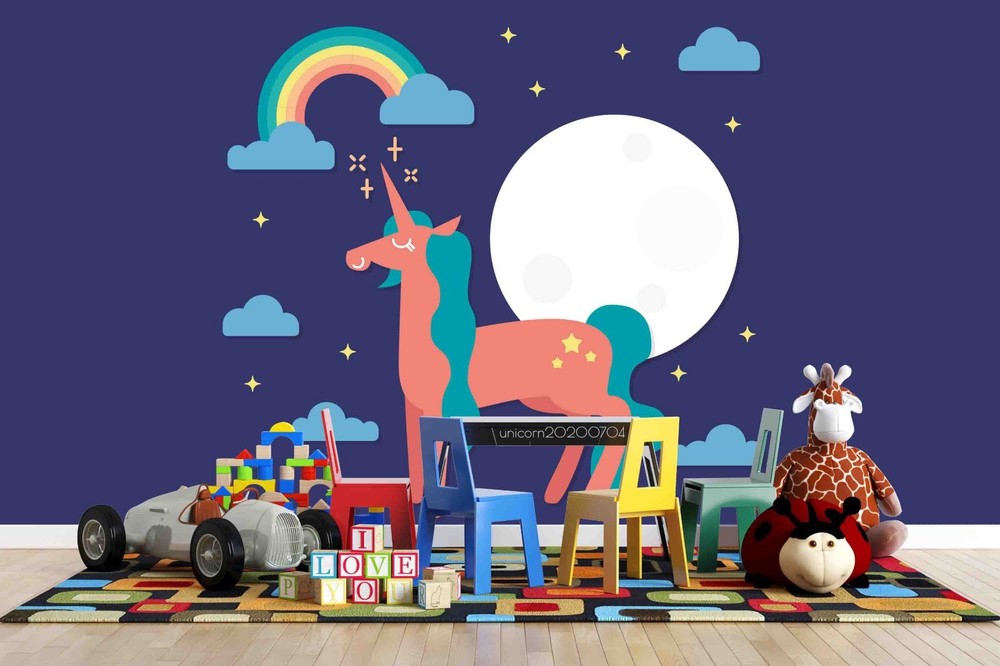 3D Unicorns Rainbow Moon Illustration Wall Murals Wallpaper Murals Wall Sticker