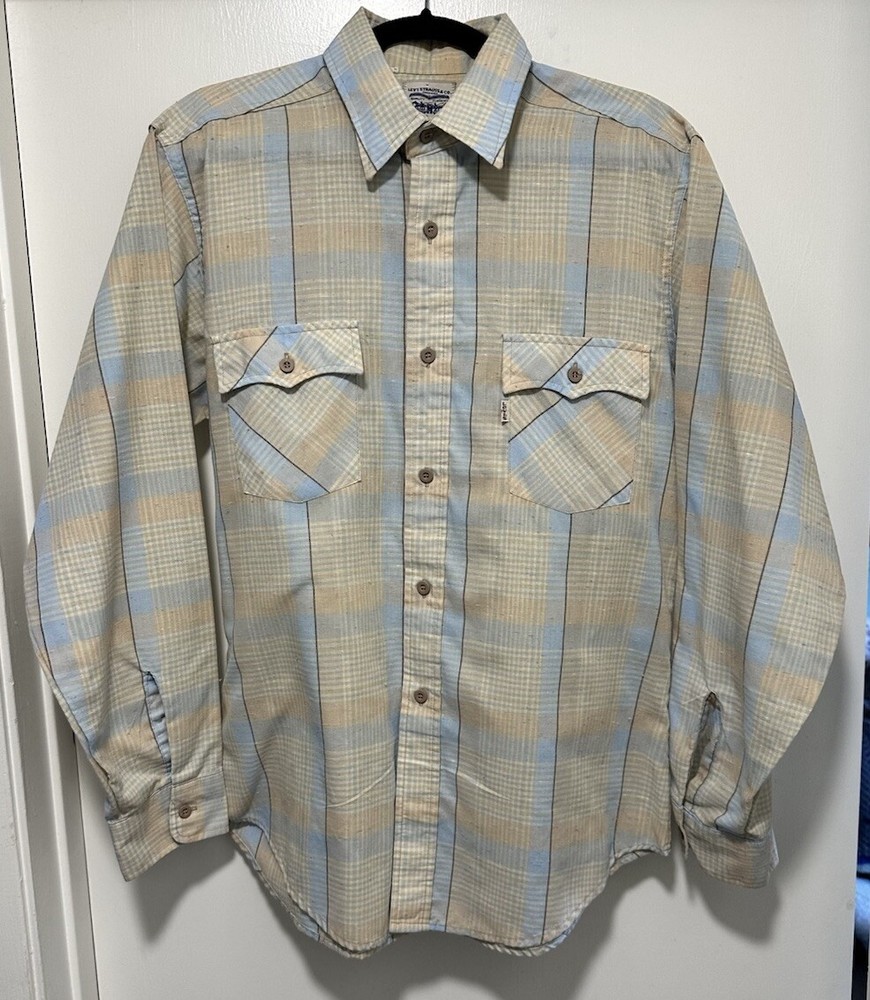 VTG Levi Strauss & Co Mens L Large Tan Blue Plaid Casual Button Up Western Shirt