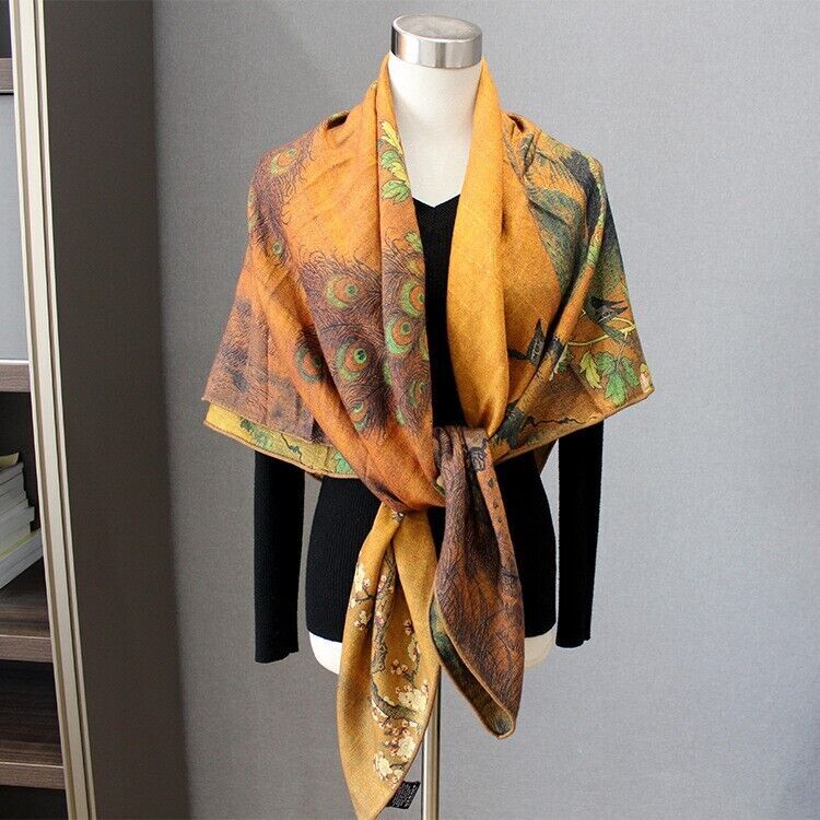 70% Cashmere & 30% Silk Wrap Scarf Peacock Print Double Face Square Shawl 53