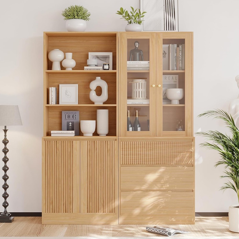 71 Inch Tall Wood Bookcase with 2 Glass Doors - Freestanding Storage Cabinet